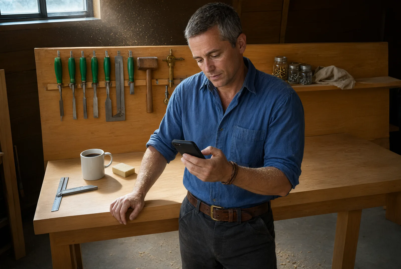 Small business owner completing an online funding application on his phone in his workshop