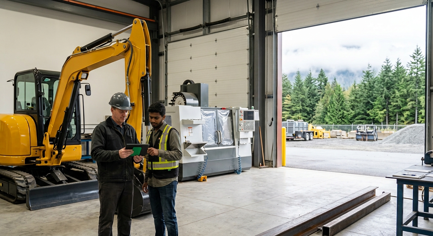 Business owner reviewing equipment financing beside new machinery eligible for the Productivity Mega Deduction