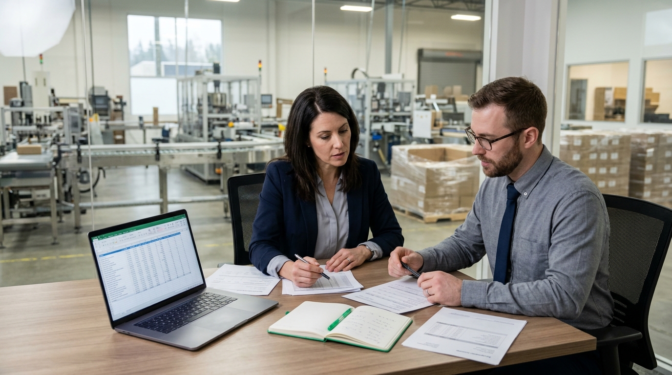 Business owner and accountant reviewing a project budget at a B.C. manufacturing facility.
